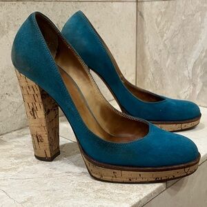 Casadei Teal Suede Heels with Cork Platform